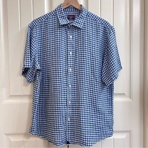 UNTUCKit Mens Robibero Linen Short Sleeve Shirt in Navy Blue Check, Size L